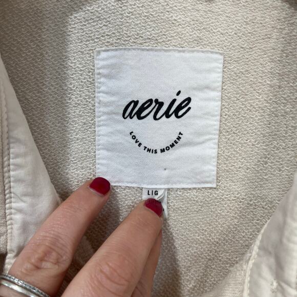 Aerie Oversized Lumberjack Button Down Shacket Top Cream Beige Long Sleeve Sz L - Picture 6 of 6